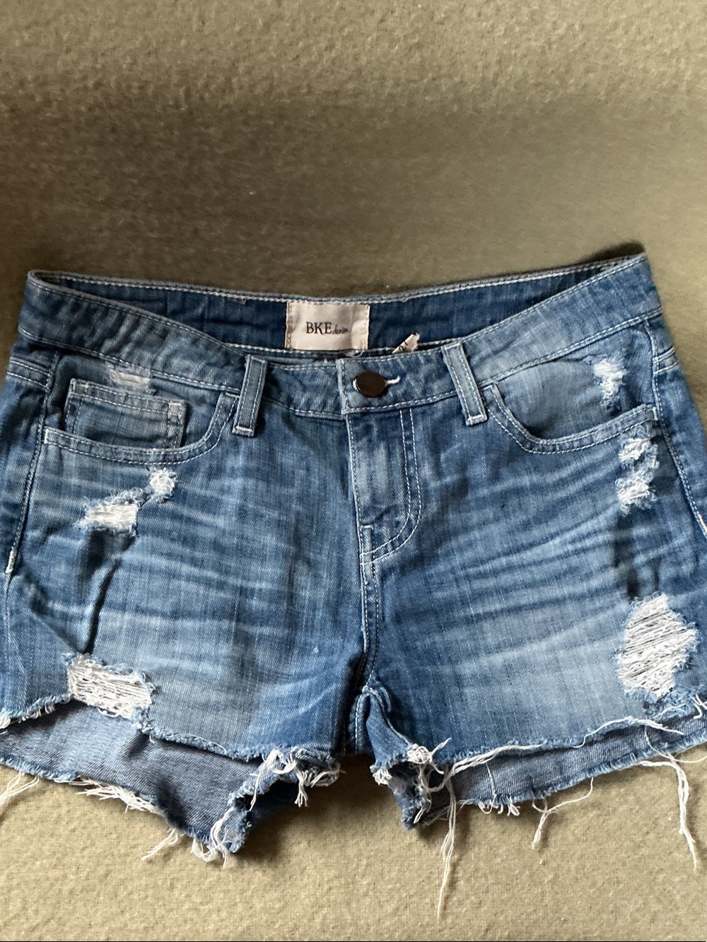 BKE Medium Blue Distressed Frayed Hem Denim Shorts